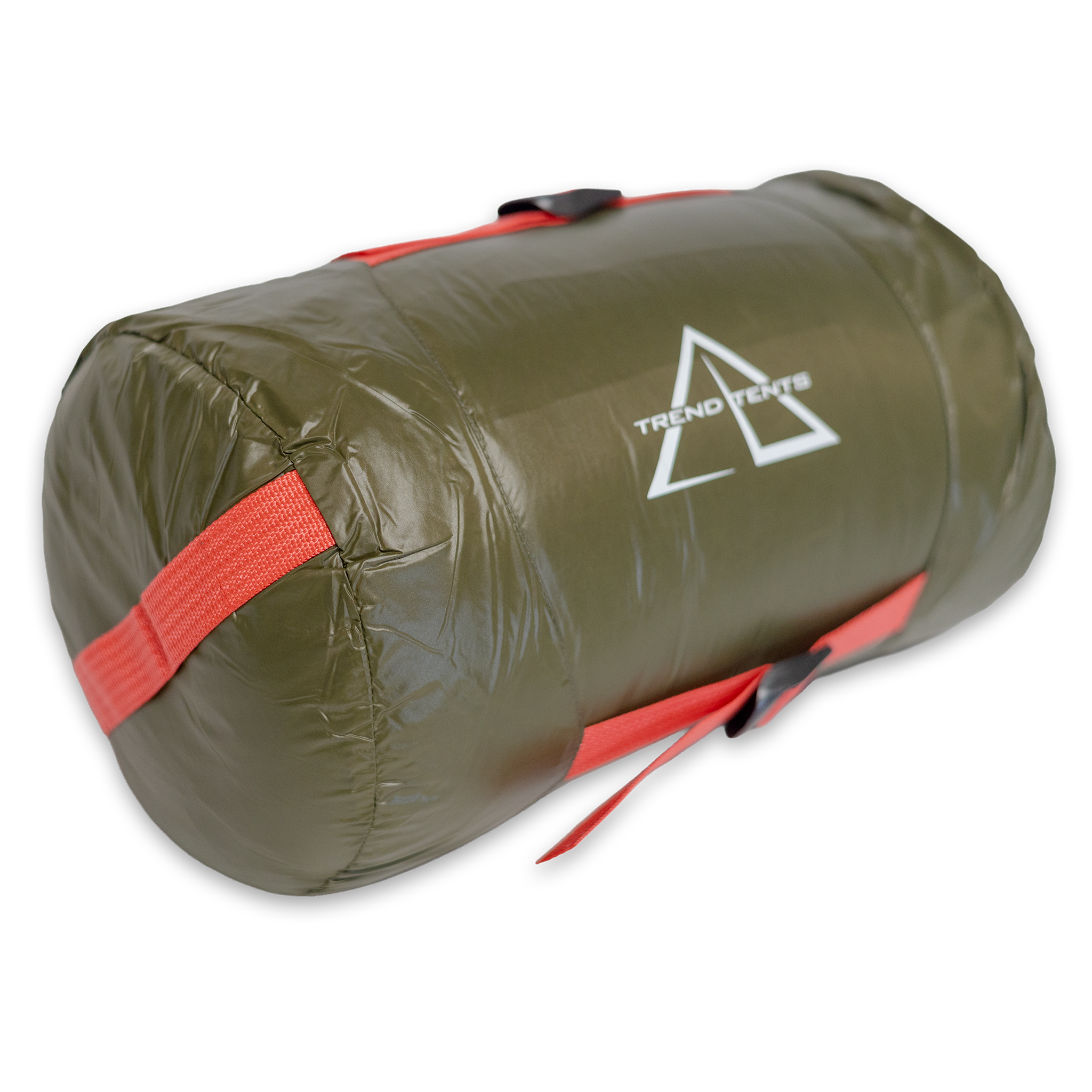 Green sleeping bag with red straps and Trend Tents logo on a white background