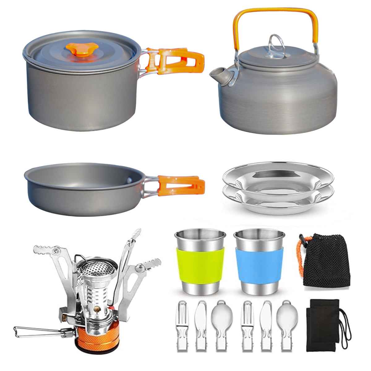 Collection of camping cookware including pots, kettle, plates, cups, stove, and utensils on a white background.