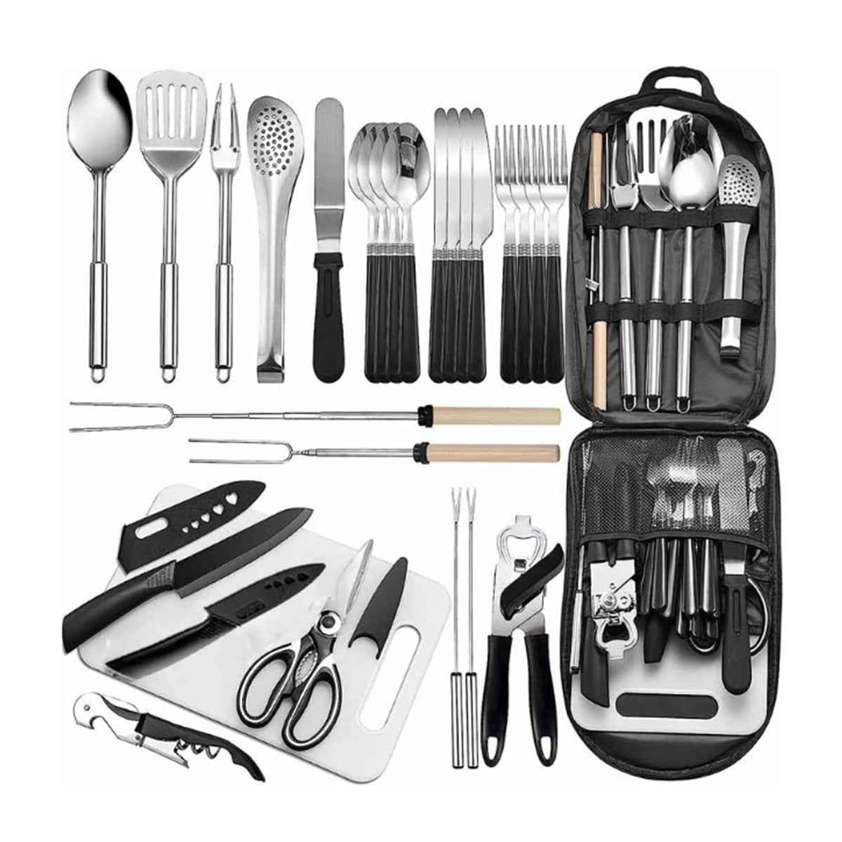 Collection of kitchen utensils including knives, scissors, and spatulas with a carrying case on a white background. Used for Camping