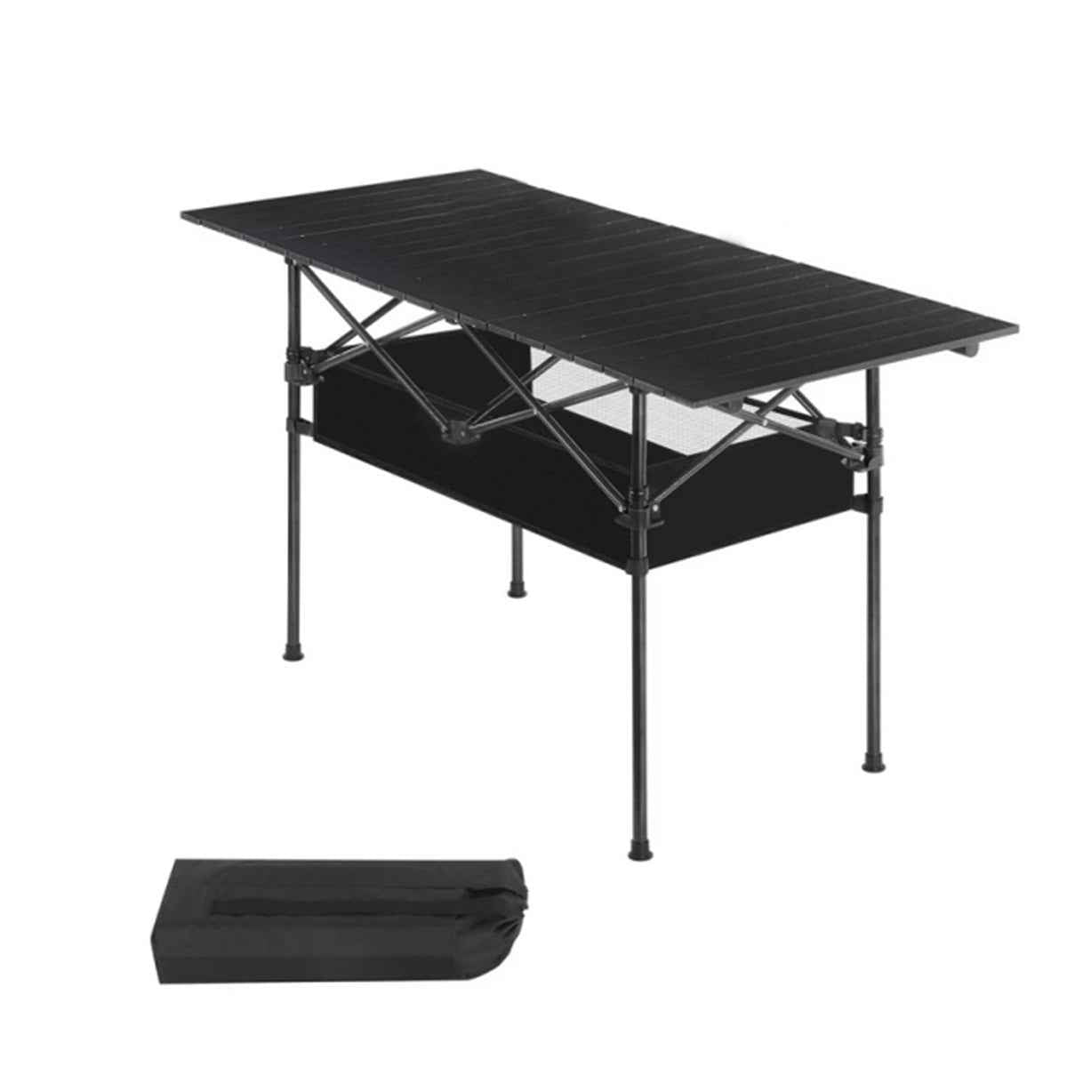 Black folding table with carrying bag on a white background