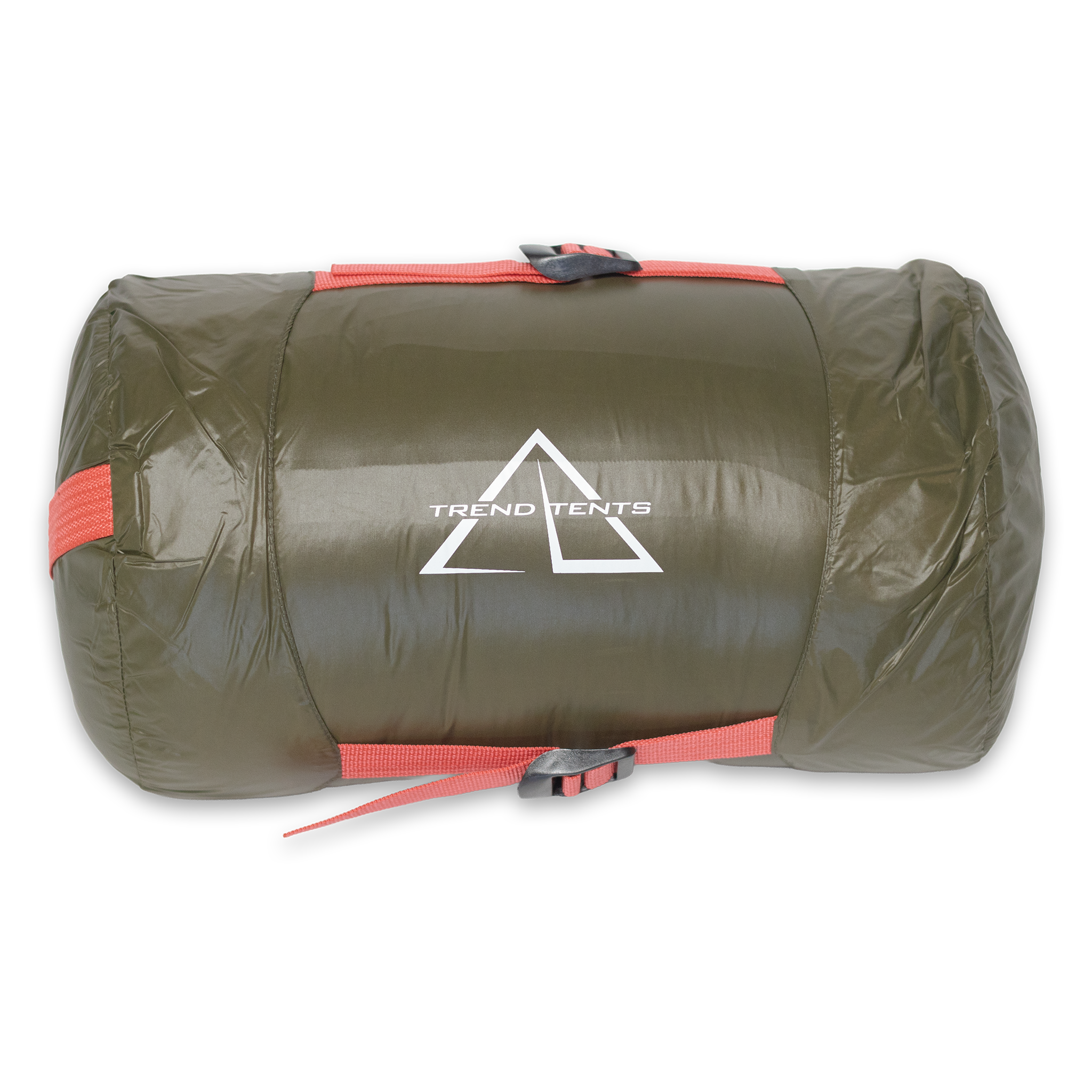 Roll-up tent in green with red straps and Trend Tents logo on a white background