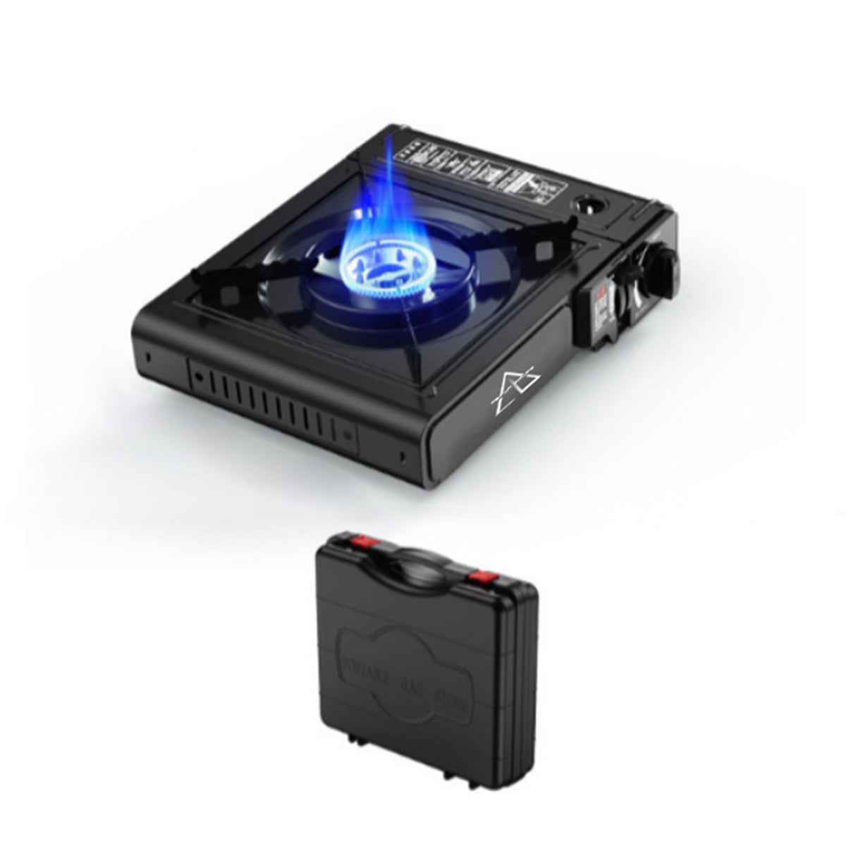 Portable gas stove with blue flame and carrying case on a white background