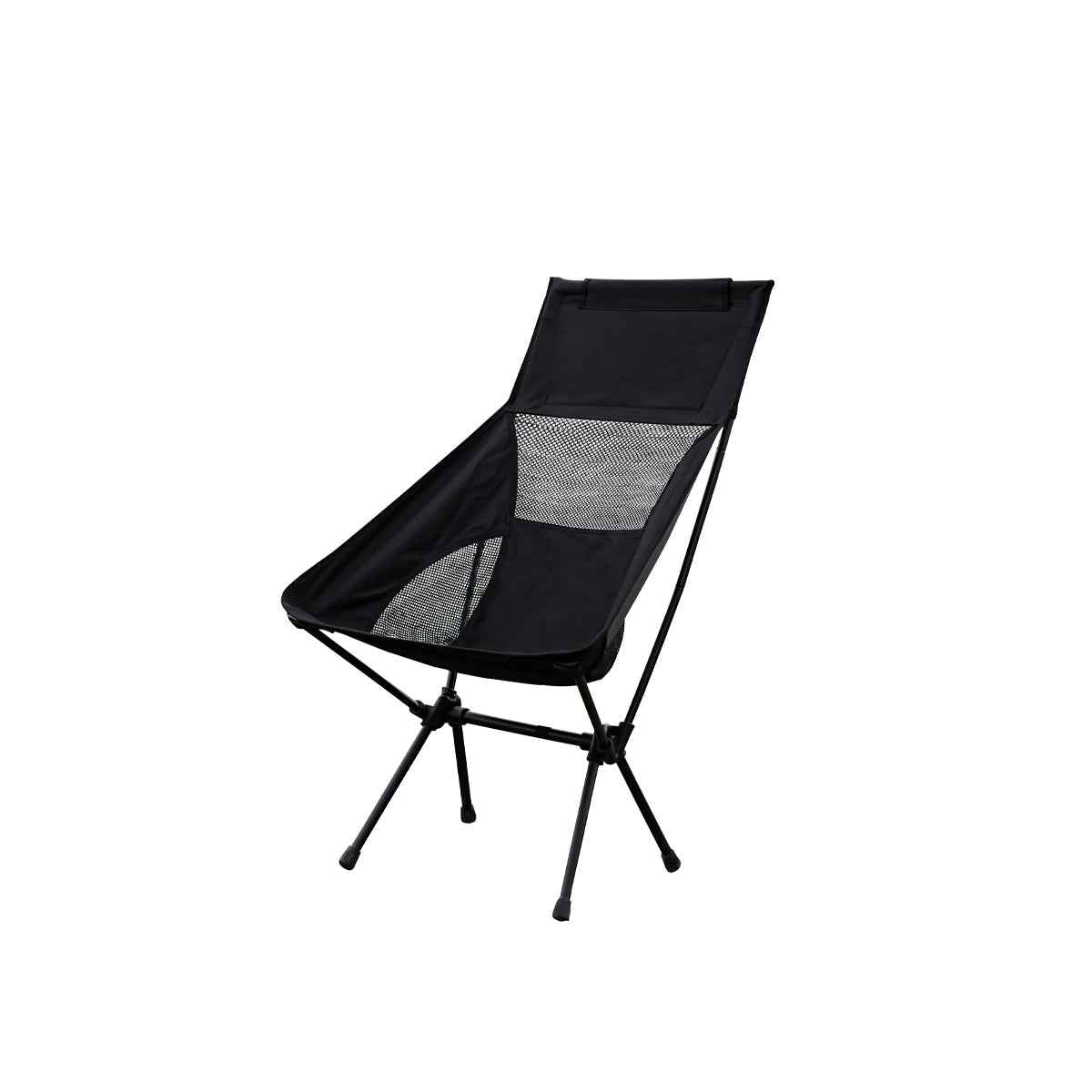Black folding chair with mesh back on a white background