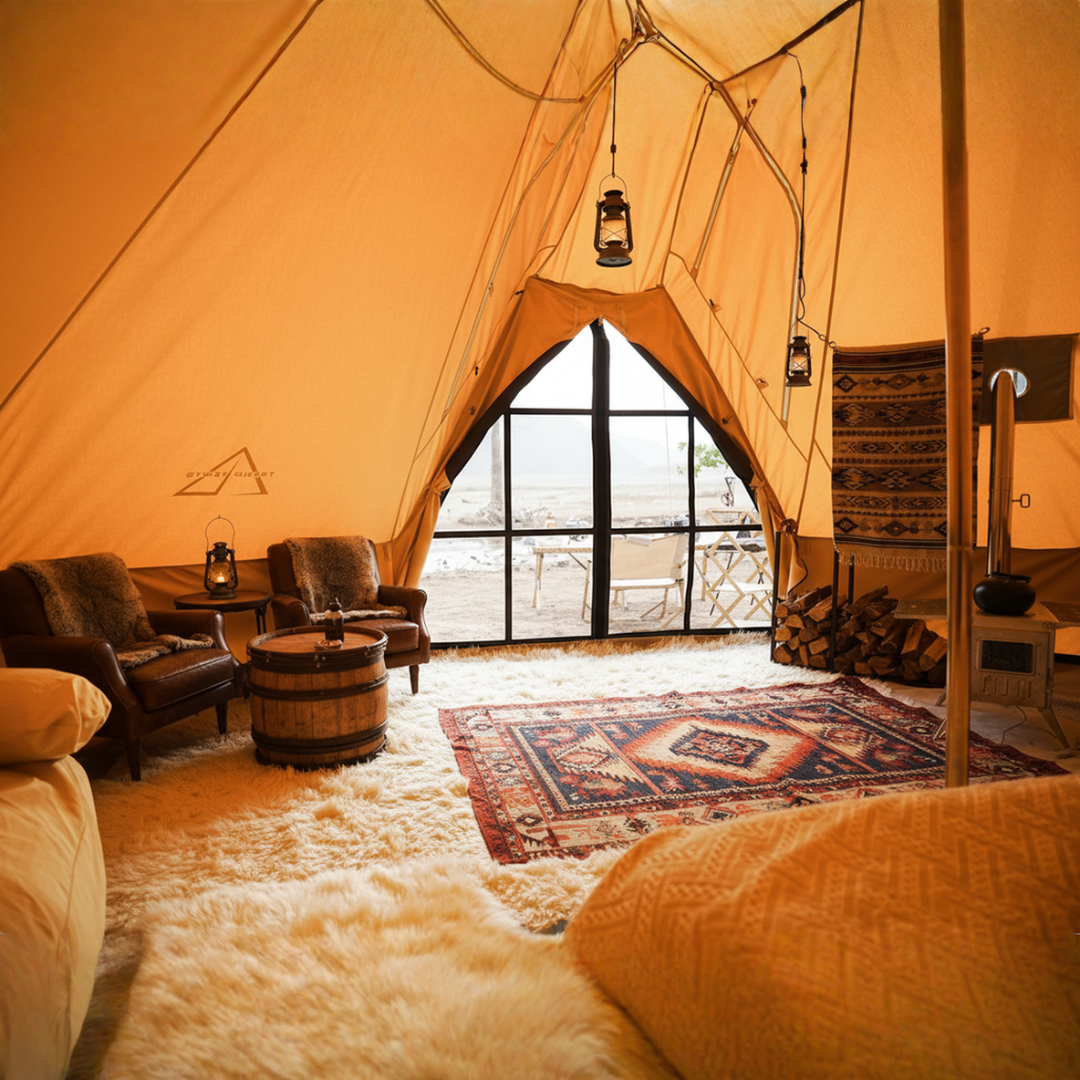 Interior of an Aguja Glamping tent with furniture and decor