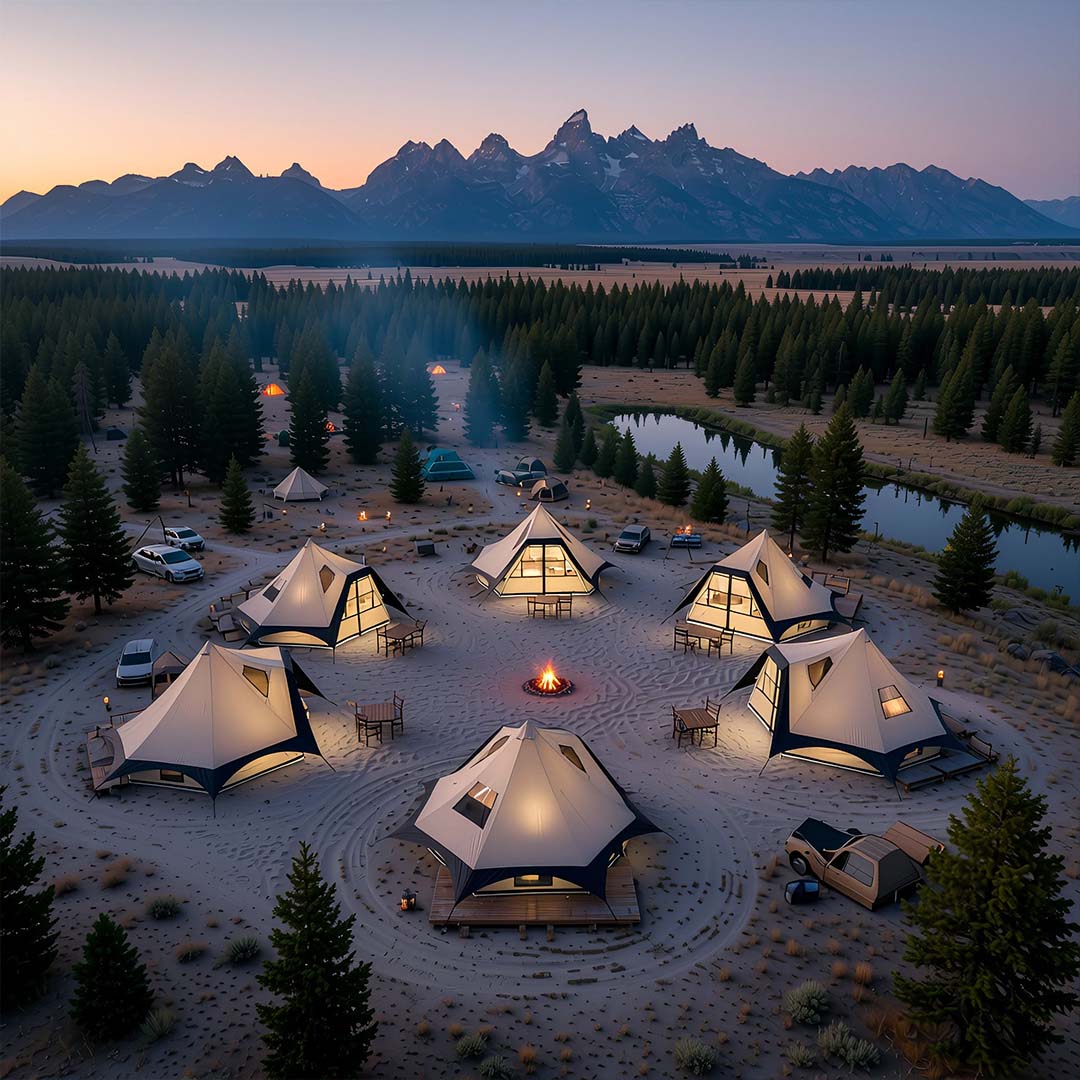Trend Tents | A group of geometric tents with a mountainous landscape and lake in the background.