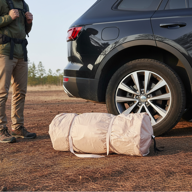Person with a backpack standing next to a black SUV with a rolled-up mat on the ground.