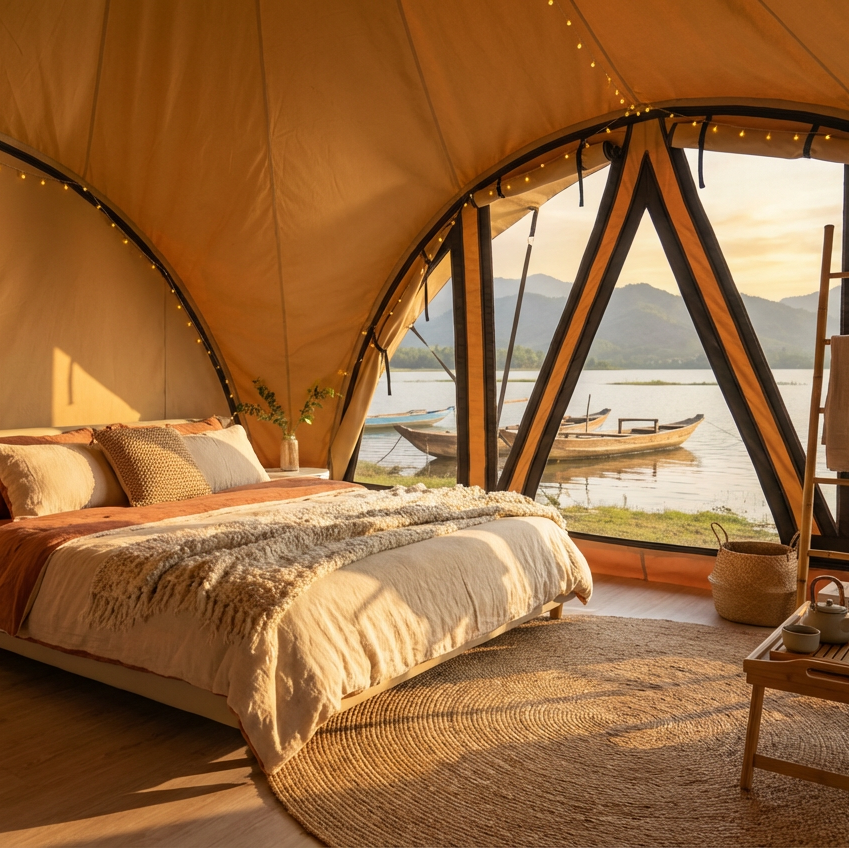 Interior of the Asher glamping tent with a view of a lake and mountains.