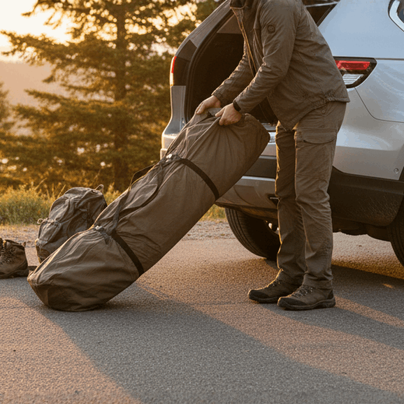 Trend Tents Automatic Pop Up Safari Wall Tent packed up into its duffle bag