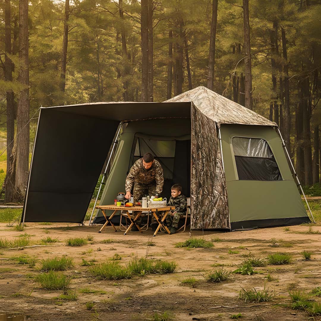 Trend Tents | Two people in camouflage near a large green tent in a forest setting.