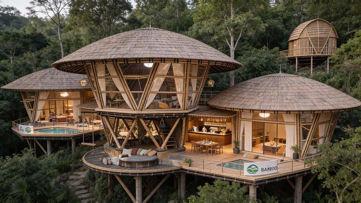 Trend Tents | Wooden treehouse complex with multiple circular structures surrounded by trees.