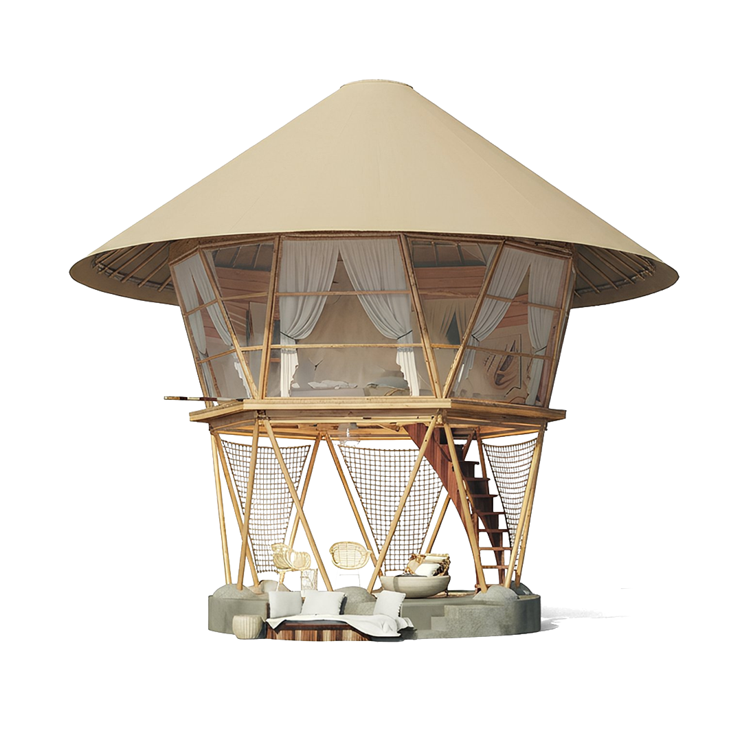 Treehouse / Beehive Tent — elevated canvas shelter with curved beehive silhouette and wraparound deck