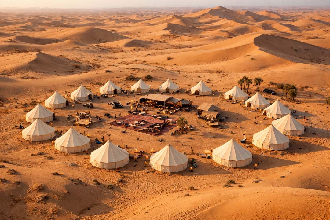 Trend Tents | Desert landscape with tents set up for an event or camp.