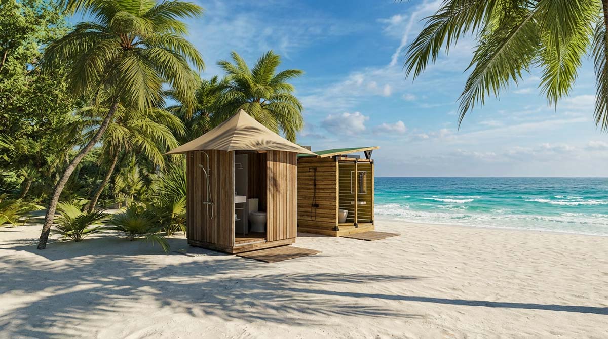 Trend Tents | Wooden beach hut on a sandy beach with palm trees and ocean in the background