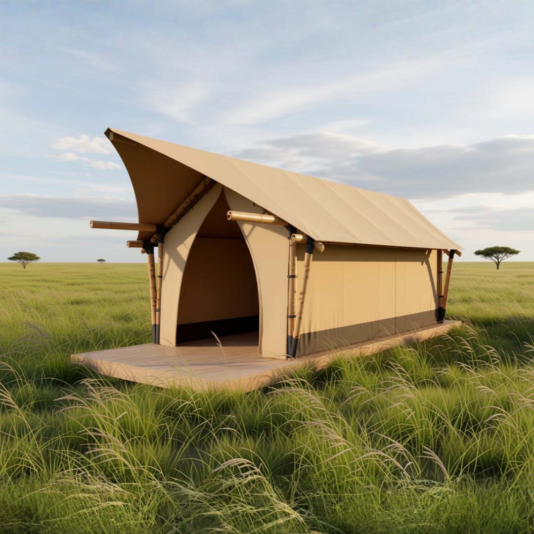 Trend Tents | safari tent in a grassy field with a clear sky