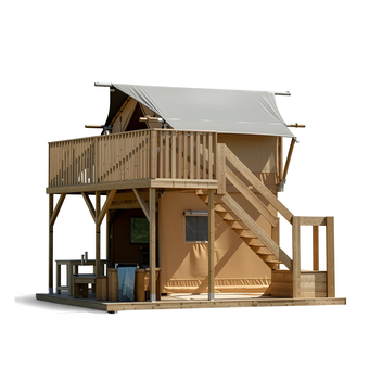 Trend Tents Savanna Duplex — two-story safari tent with treehouse aesthetic