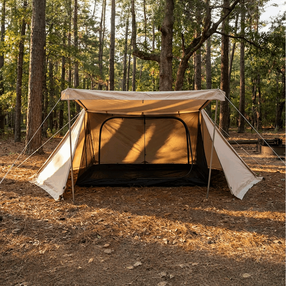 Shelter Tent (Saxon Tent) opened up in the woods