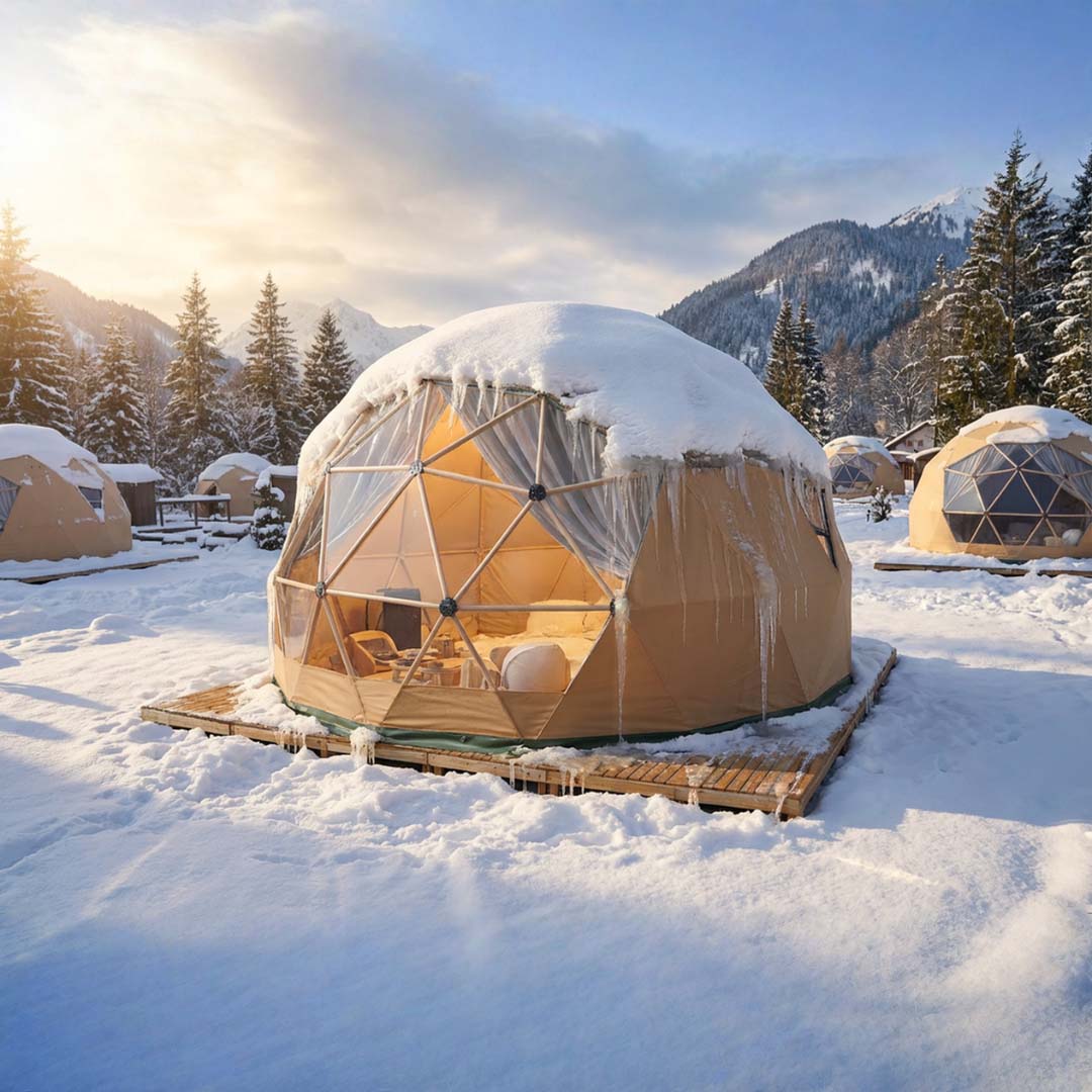 Trend Tents | Geodesic dome structure covered in snow in a snowy mountain landscape