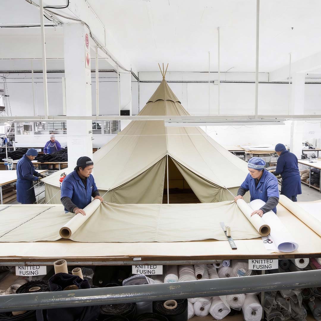 Trend Tents | Workers in a factory setting with a large beige tent-like structure.