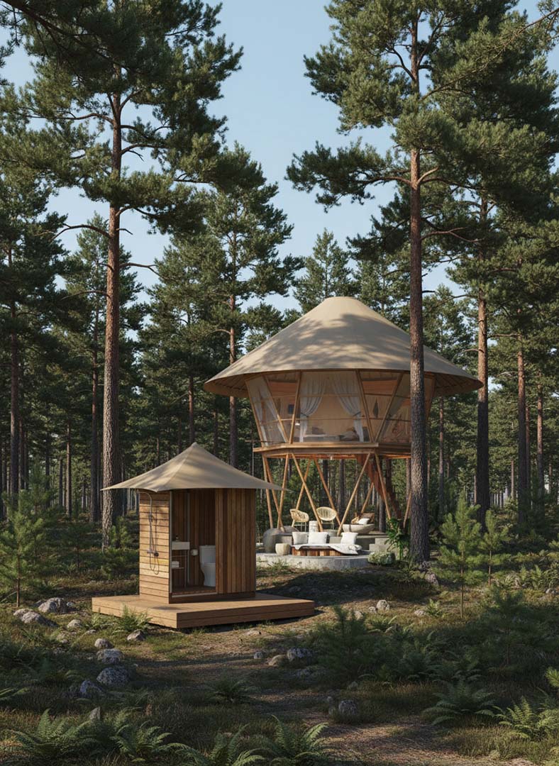 Treehouse and restroom pods