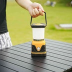 Hand holding a yellow and black lantern on a wooden surface with a blurred green background