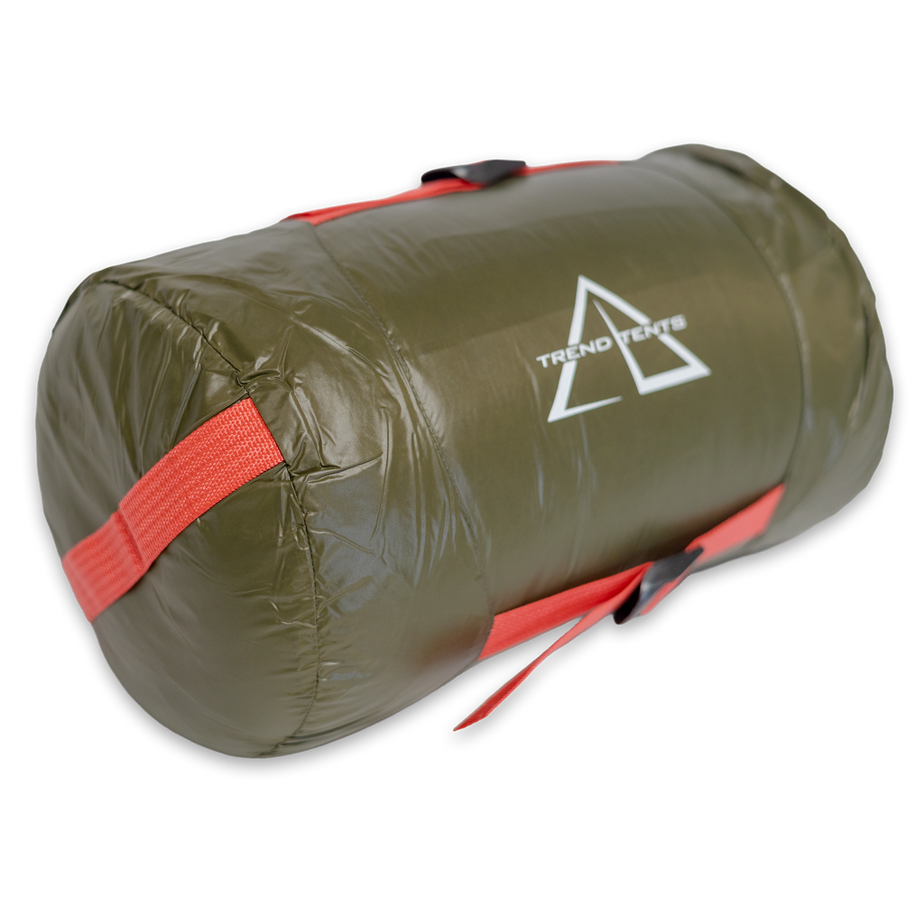 Green sleeping bag with red straps and Trend Tents logo on a white background