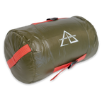 Green sleeping bag with red straps and Trend Tents logo on a white background