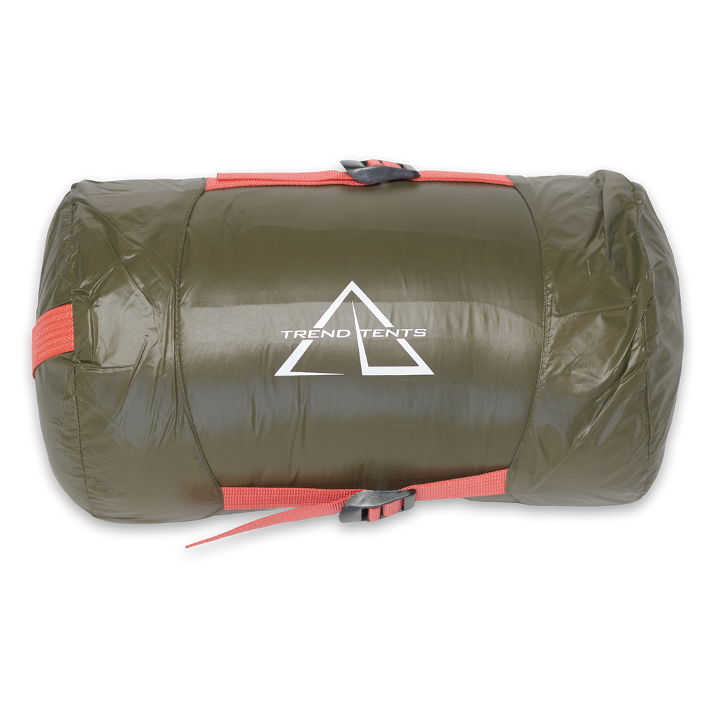 Roll-up tent in green with red straps and Trend Tents logo on a white background