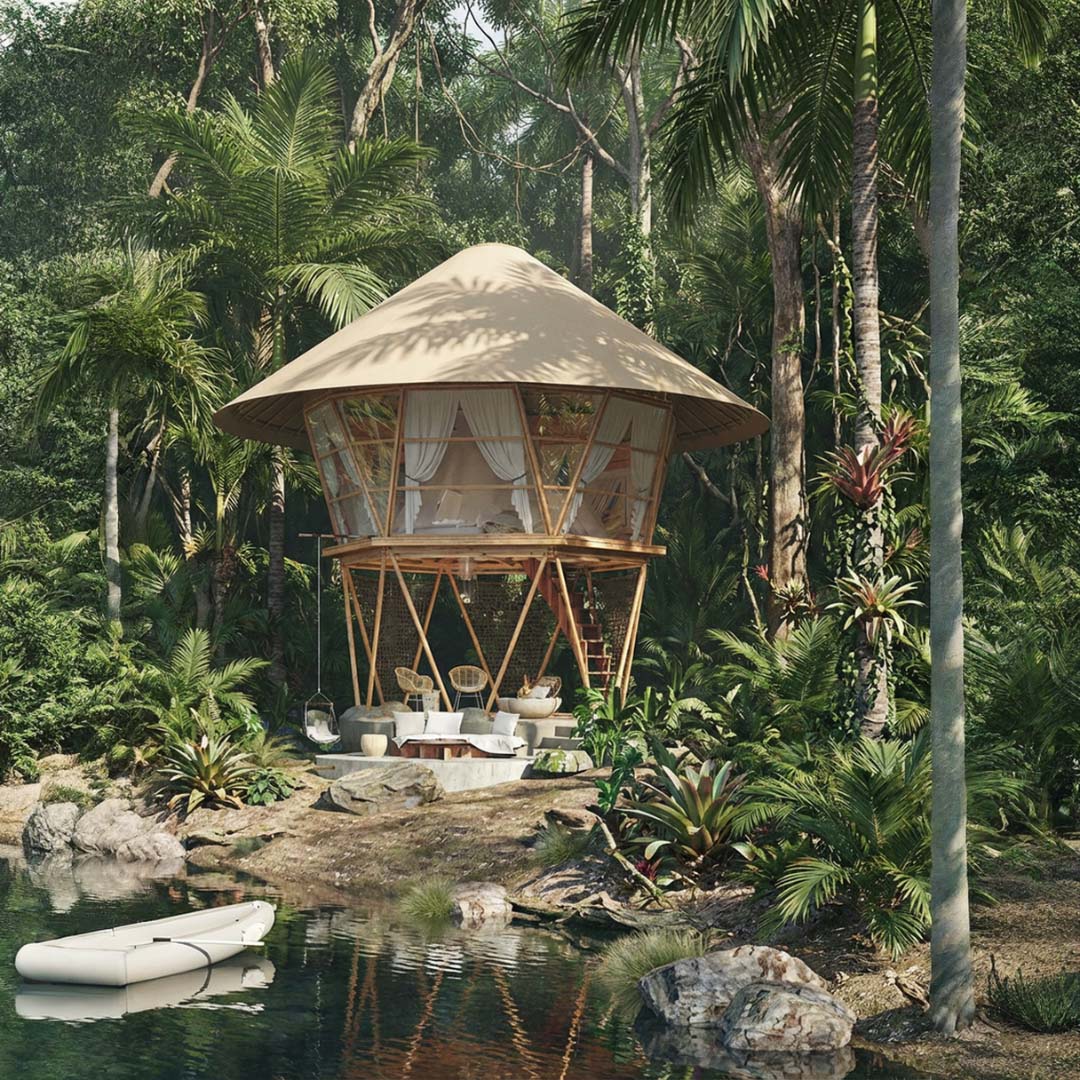 Trend Tents | Tropical hut with a thatched roof surrounded by lush greenery and a pond.