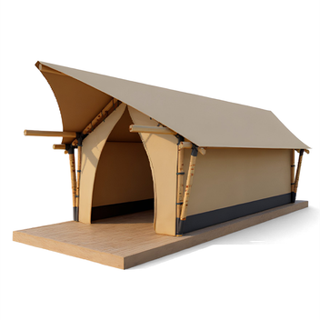 Trend Tents Wilder Safari Tent — curved entry with peaked roof and natural wood frame