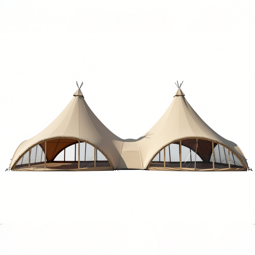Tipi Nest Twin — two connected tipis forming a dual-unit suite